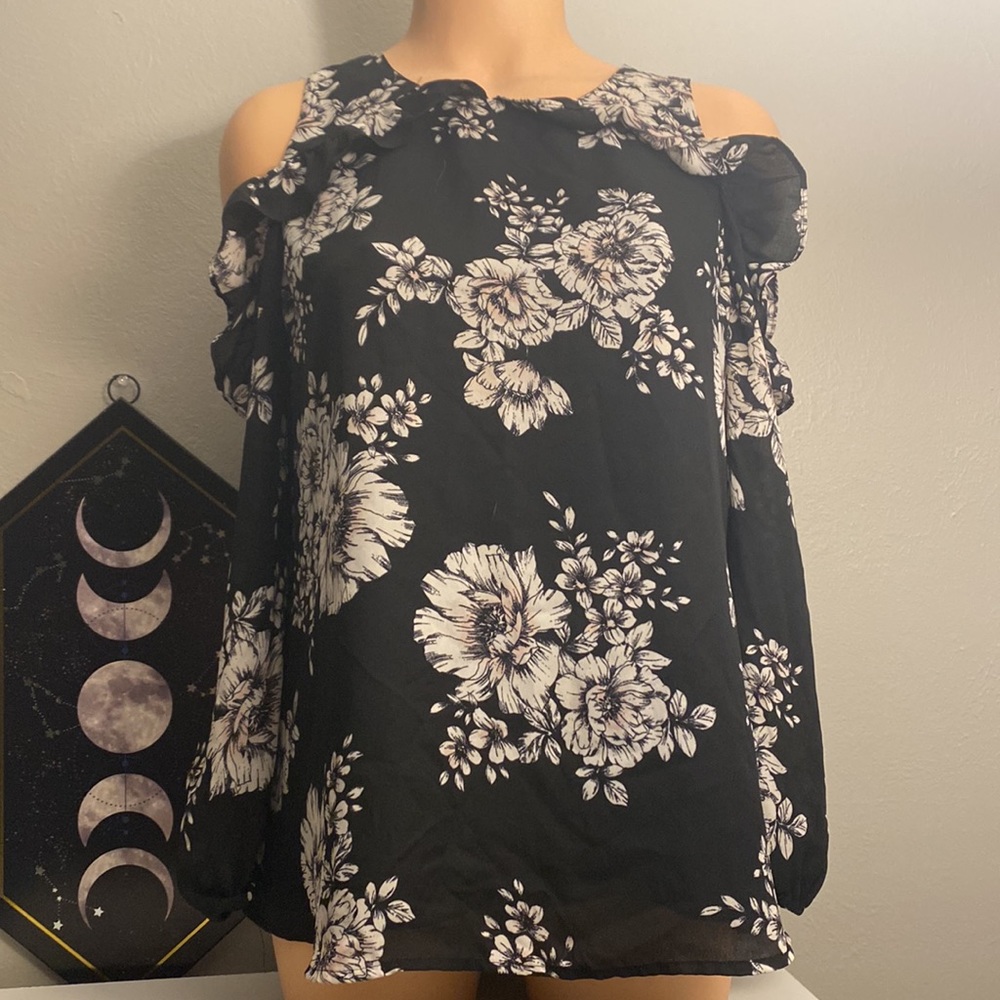 Black floral over the shoulder long sleeve blouse. Brands: Maurices